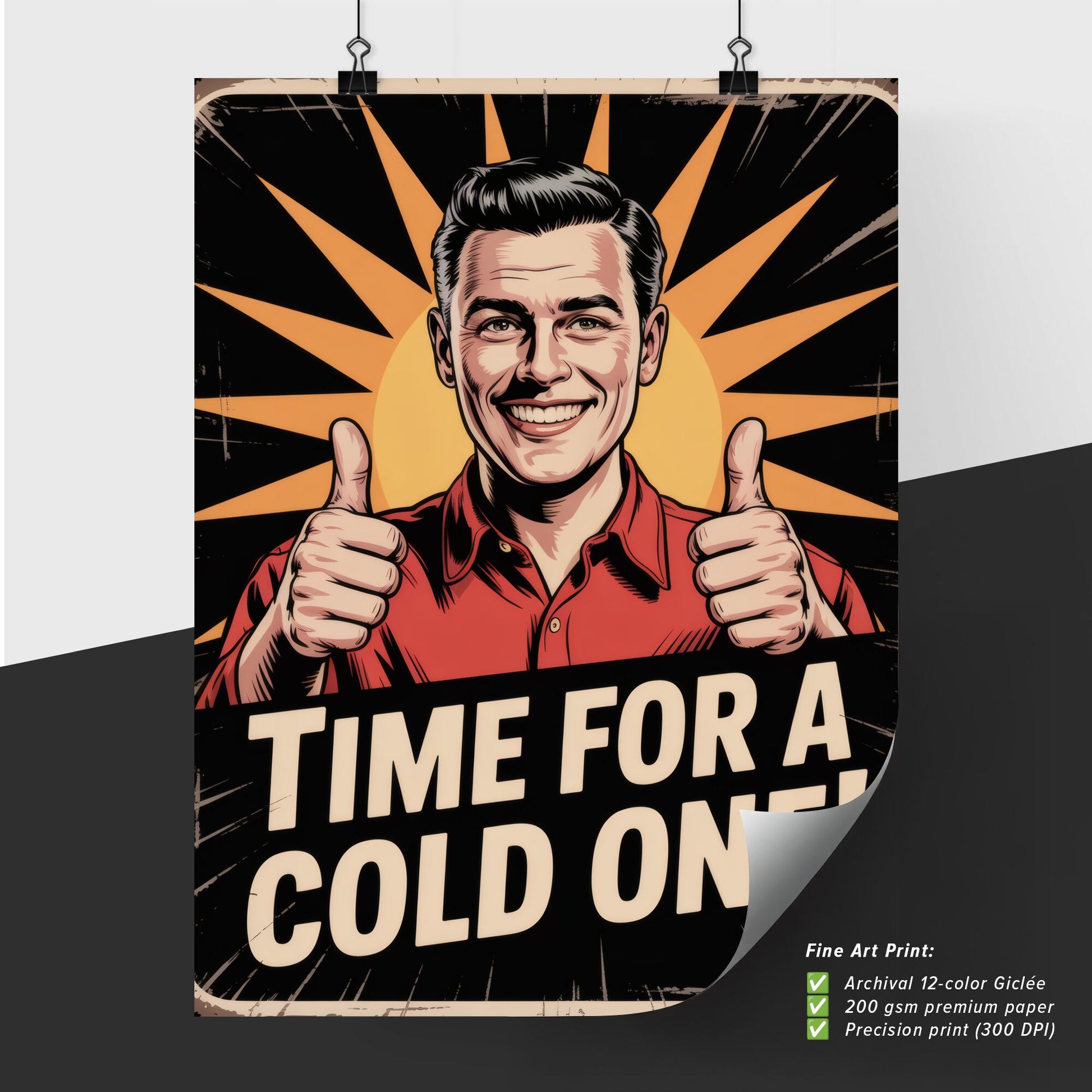 Cheerful Man Celebrating with Thumbs Up, Promoting Refreshing Drinks in a Vintage Style Poster.