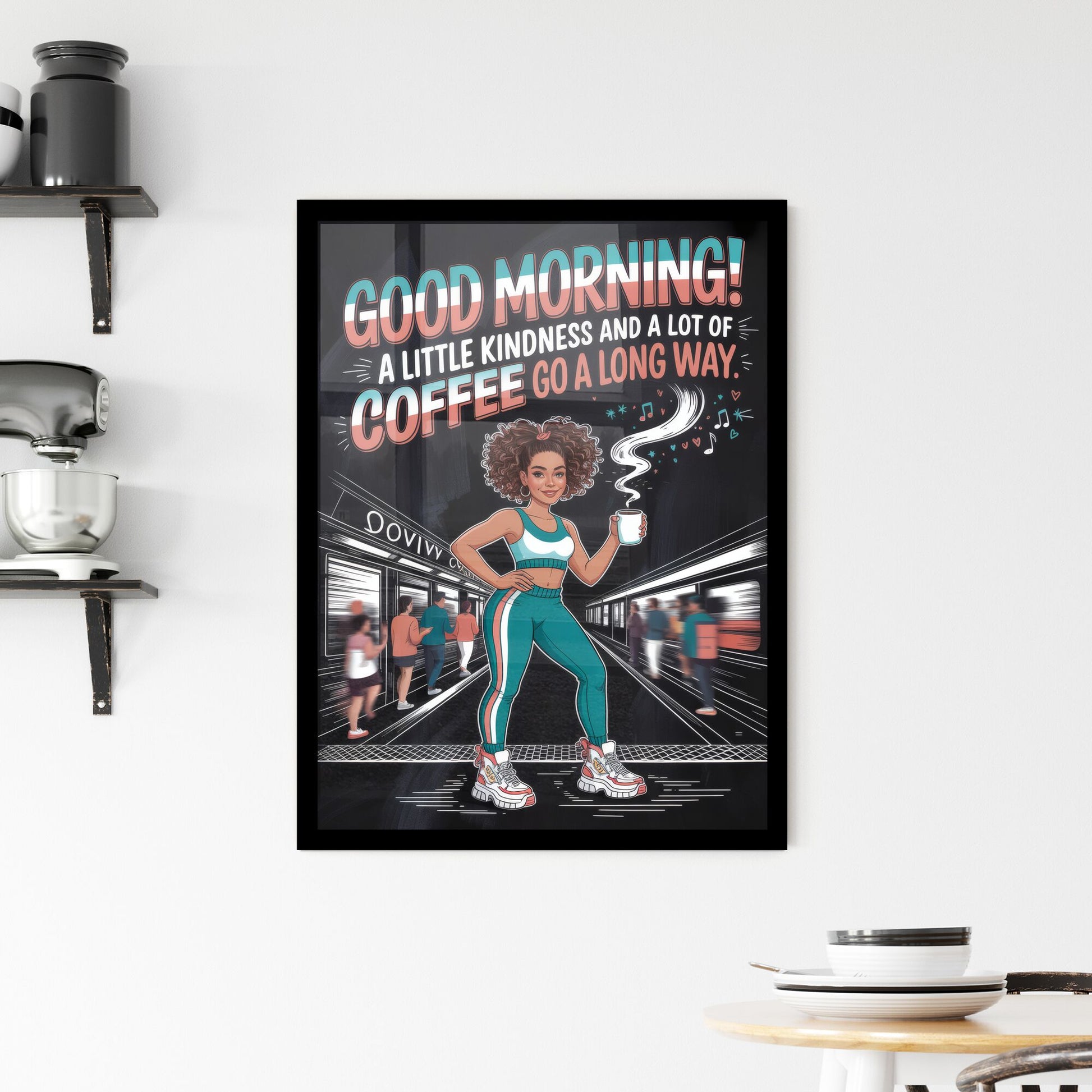 Cheerful Morning Momentum: Embracing Kindness and Coffee in Urban Life Framed Print