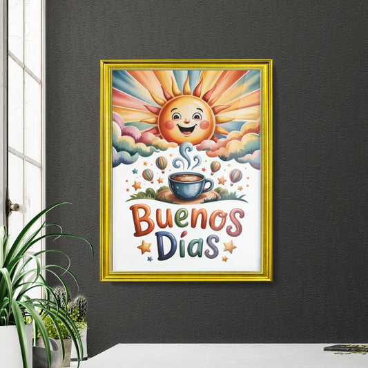 Cheerful Morning Scene with Sunrise, Coffee, and Colorful Hot Air Balloons Saying 'Buenos Días'.