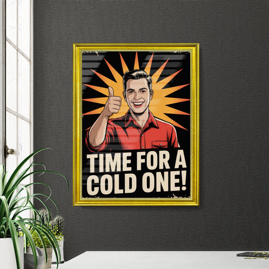 Cheerful Young Man Encouraging Enjoyment with a Refreshing Beverage in a Retro Style Advertisement