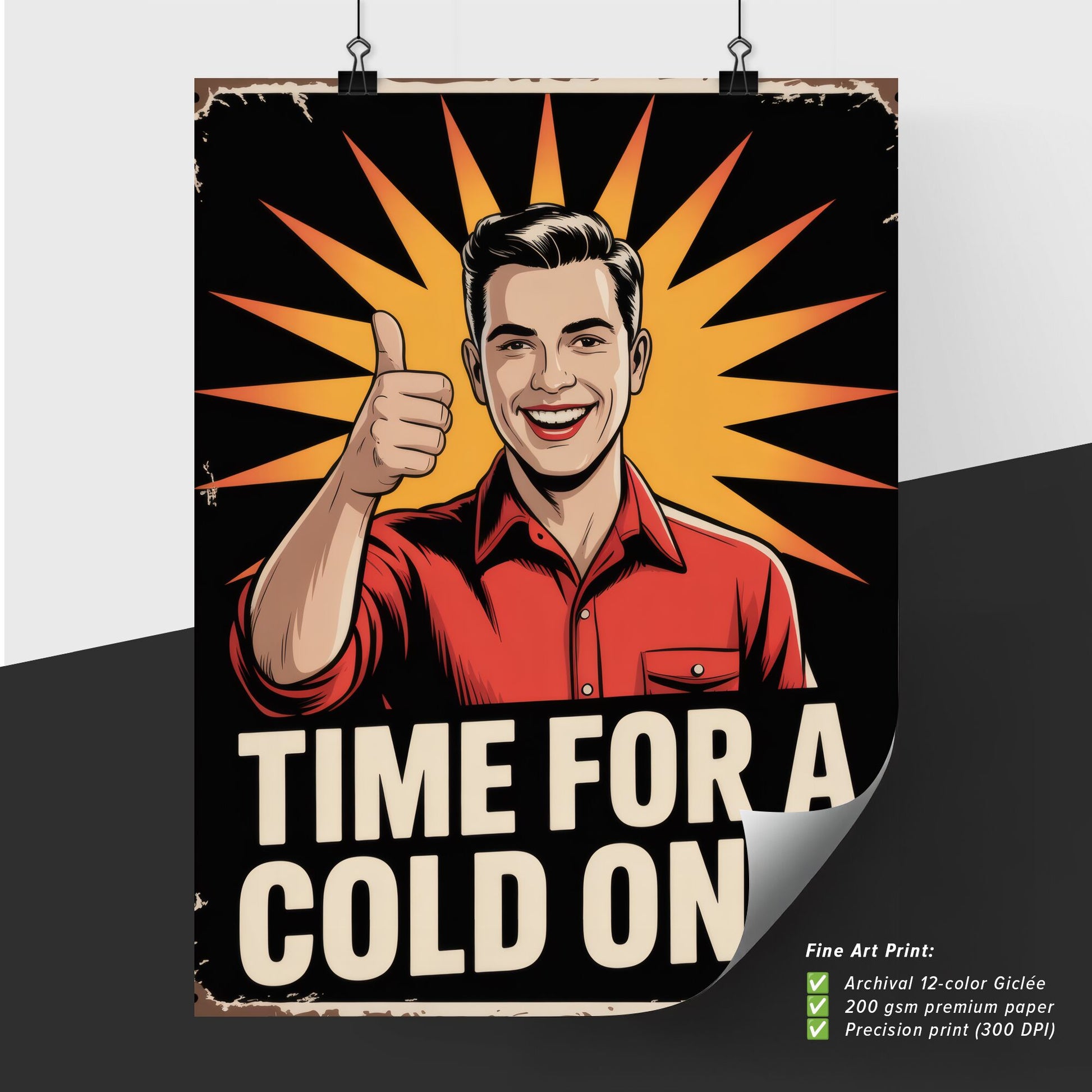 Cheerful Young Man Encouraging Enjoyment with a Refreshing Beverage in a Retro Style Advertisement