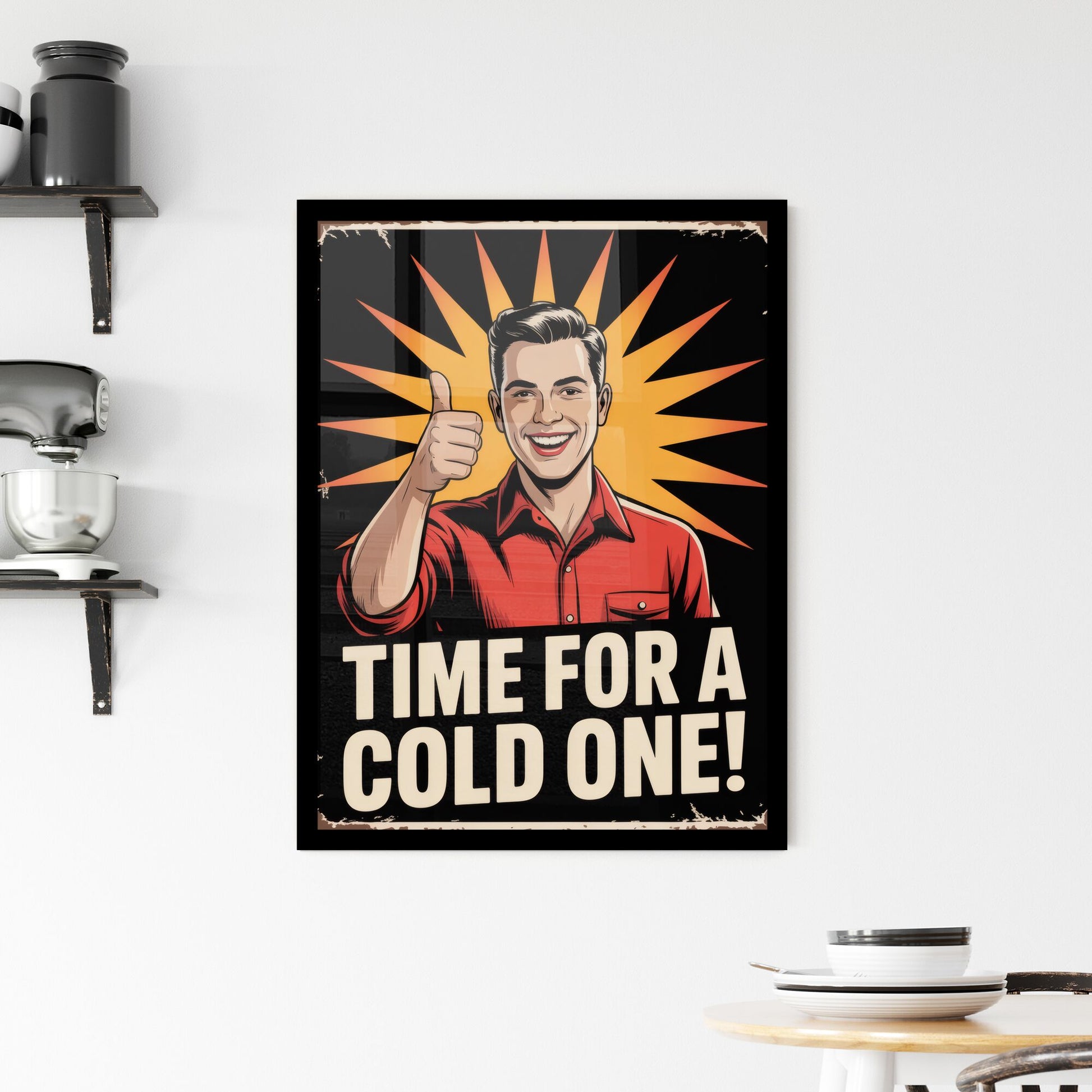 Cheerful Young Man Encouraging Enjoyment with a Refreshing Beverage in a Retro Style Advertisement Framed Print