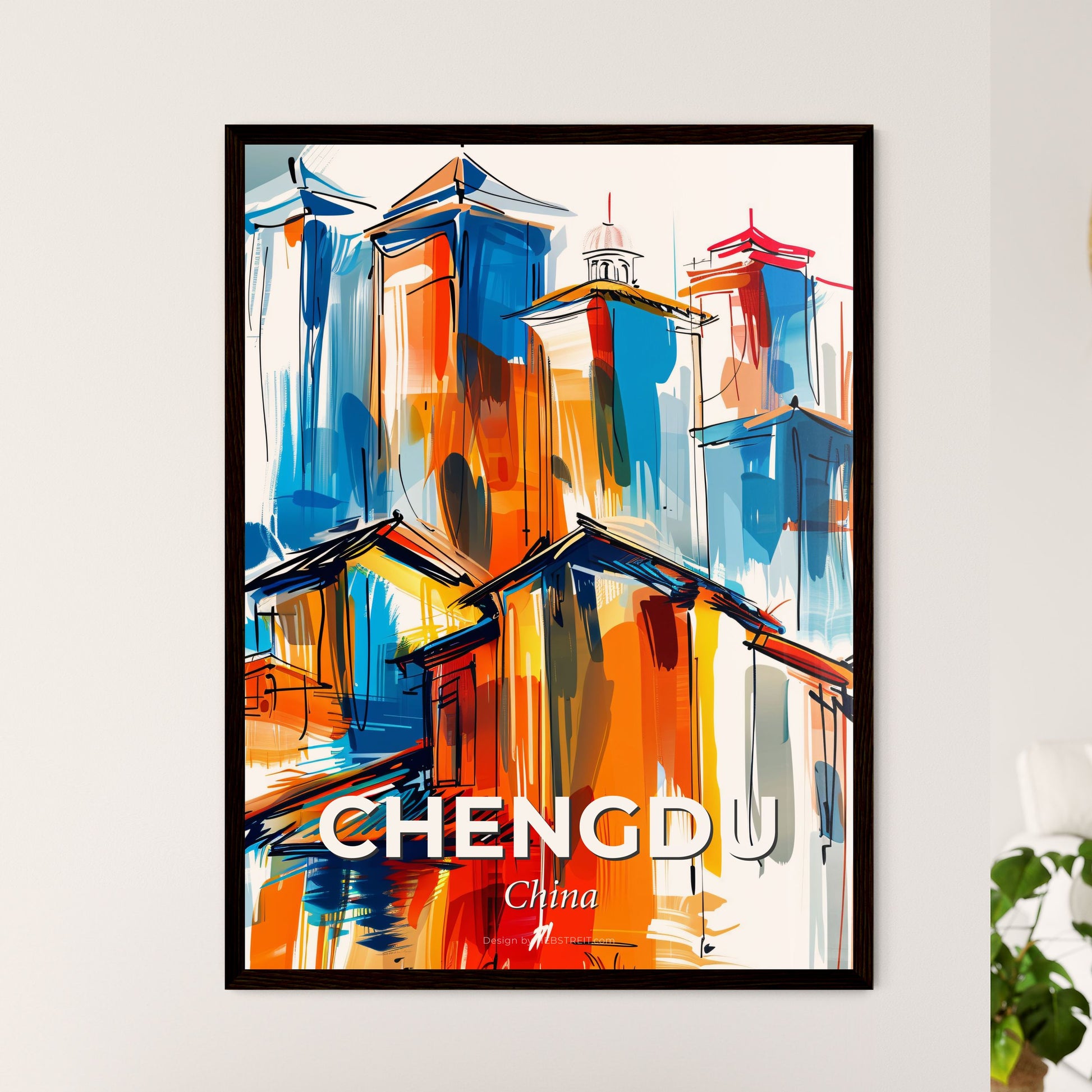 Vibrant Chengdu, China - A Painting Of Buildings With Towers