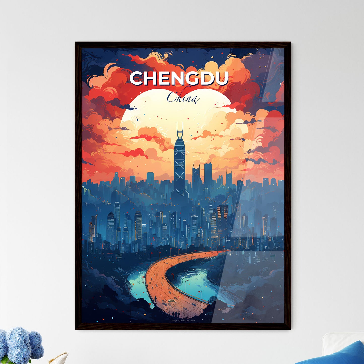 Artistic Chengdu Skyline Painting: City with Bridge and Heart-Shaped Cloud Default Title