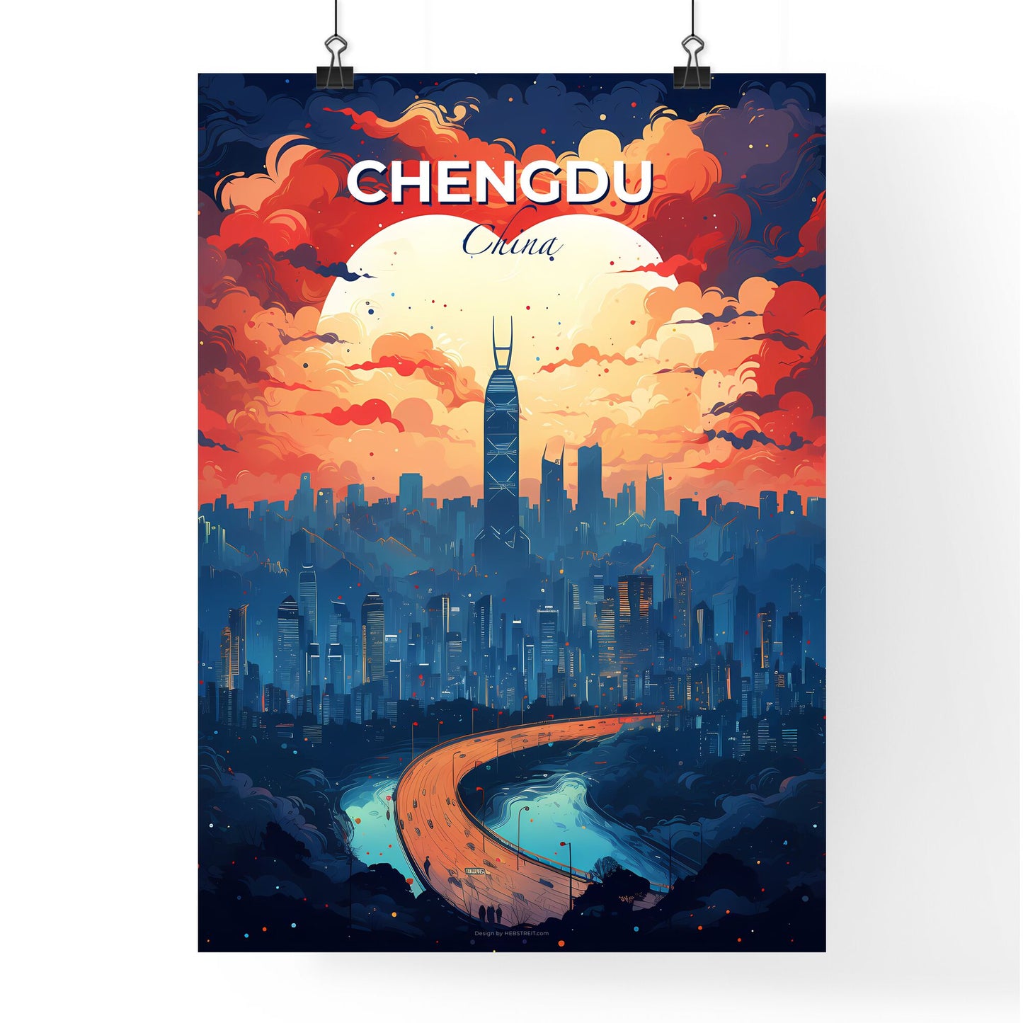 Artistic Chengdu Skyline Painting: City with Bridge and Heart-Shaped Cloud Default Title