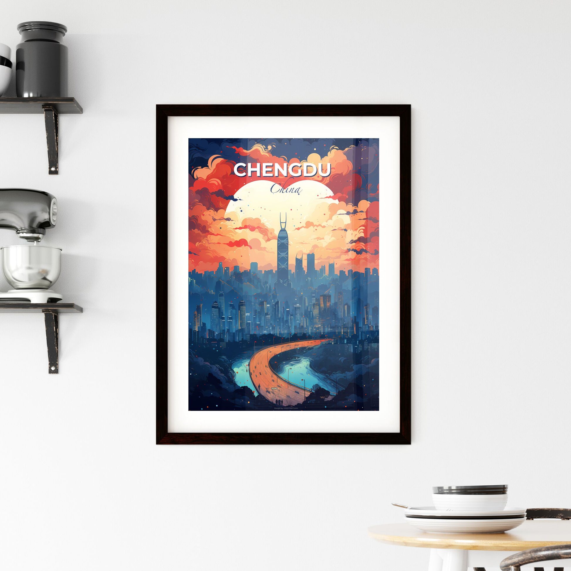 Artistic Chengdu Skyline Painting: City with Bridge and Heart-Shaped Cloud Default Title