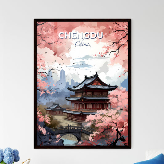 Artistic Chengdu Cityscape Painting with Pink Flowers and Bridge Default Title