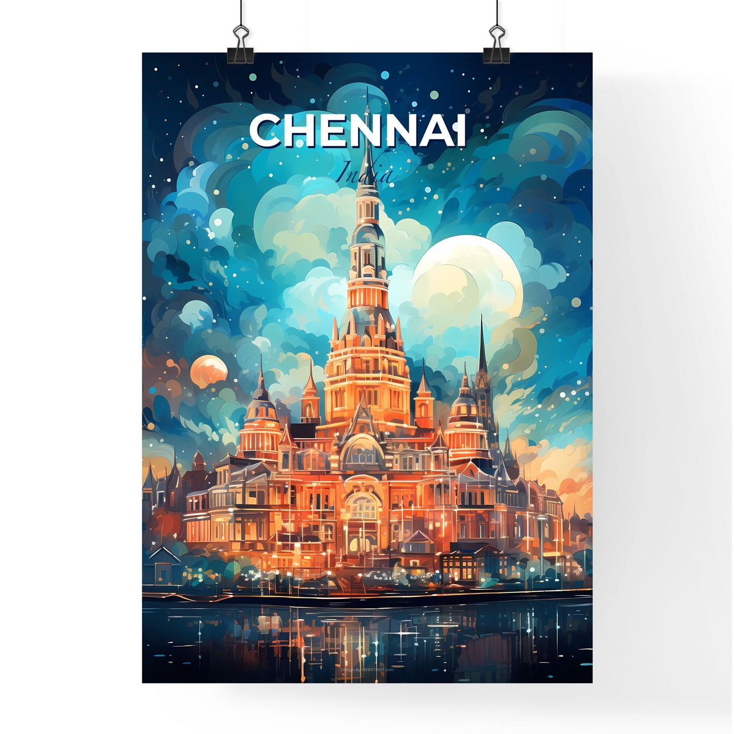 Vibrant Chennai Skyline Art Featuring Tower Building and Moon Default Title