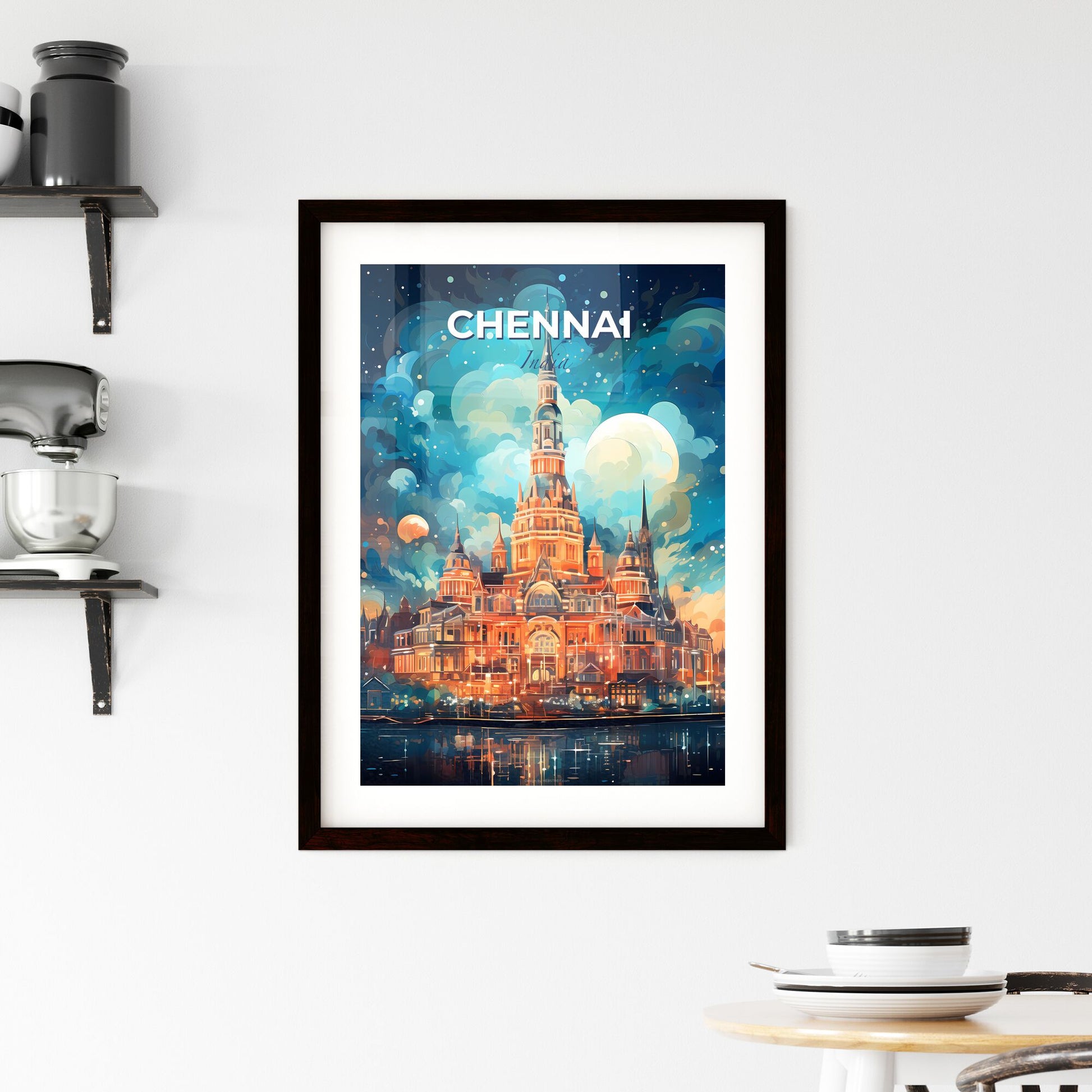 Vibrant Chennai Skyline Art Featuring Tower Building and Moon Default Title