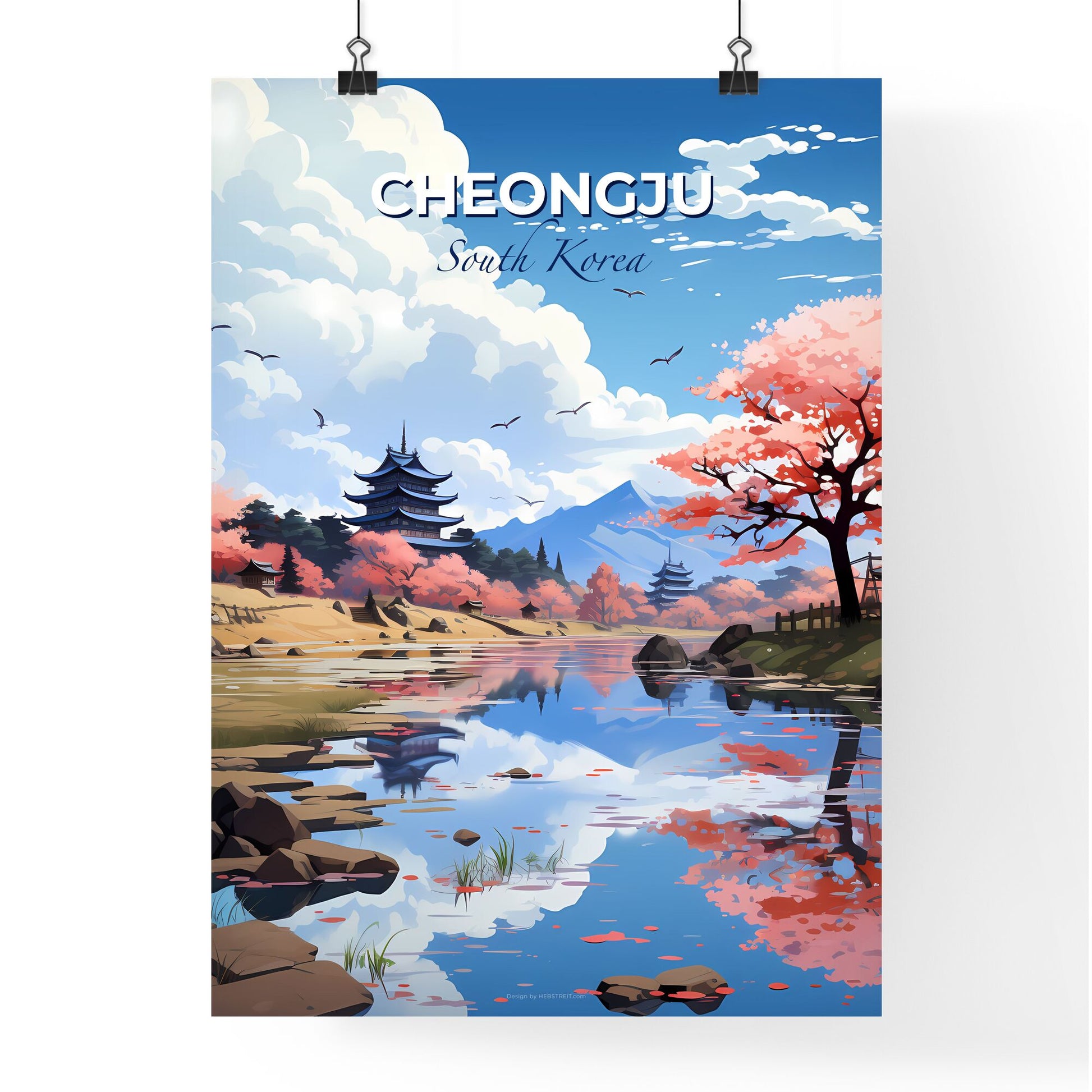 Vibrant Art Depiction of Cheongju South Korea Skyline with Lake, Building, and Nature Default Title