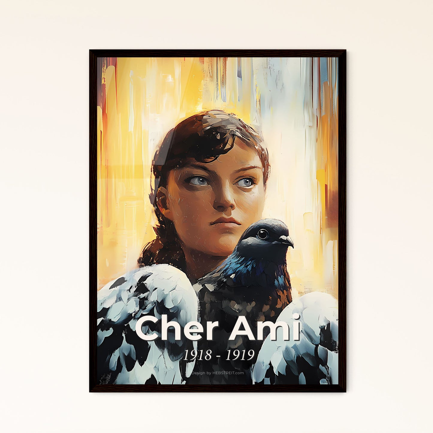 Portrait of Cher Ami, 1918 - 1919. Impressionistic painting of a painting of a woman with a bird.