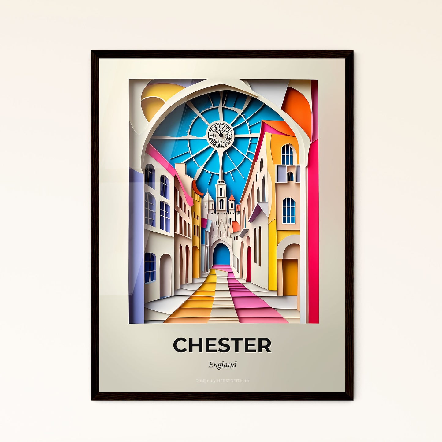 Vivid Chester, England - a colorful city street with a clock on the wall