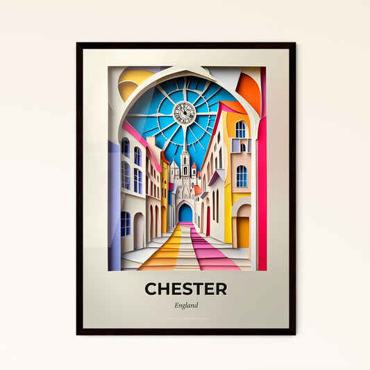 Vivid Chester, England - a colorful city street with a clock on the wall