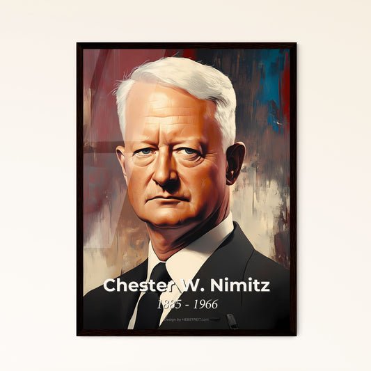 Portrait of Chester W. Nimitz, 1885 - 1966. Impressionistic painting of a man in a suit and tie.