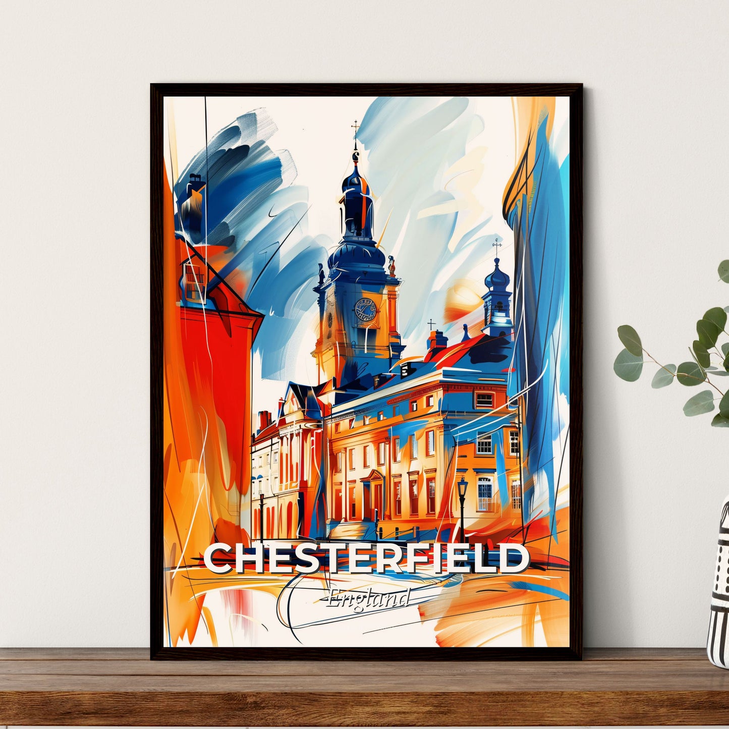 Vibrant Chesterfield, England - A Painting Of A Building With A Clock Tower