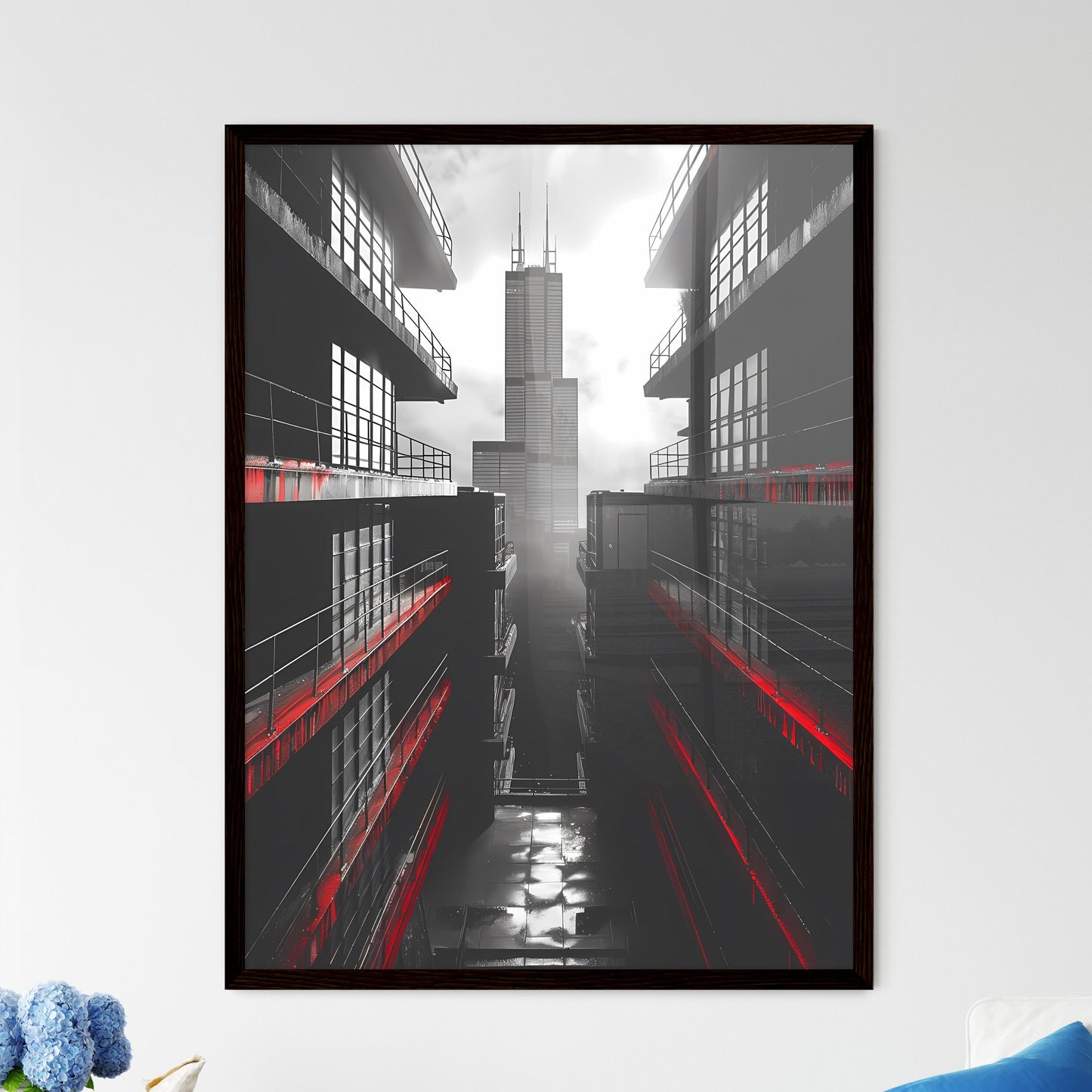 Abstract Bauhaus Style City Painting with Tall Building Framed Art