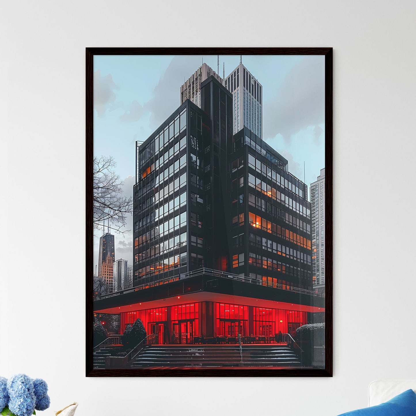 Bauhaus Inspired Painting: Abstract Building with Red Lights, Modern Art Framed Art