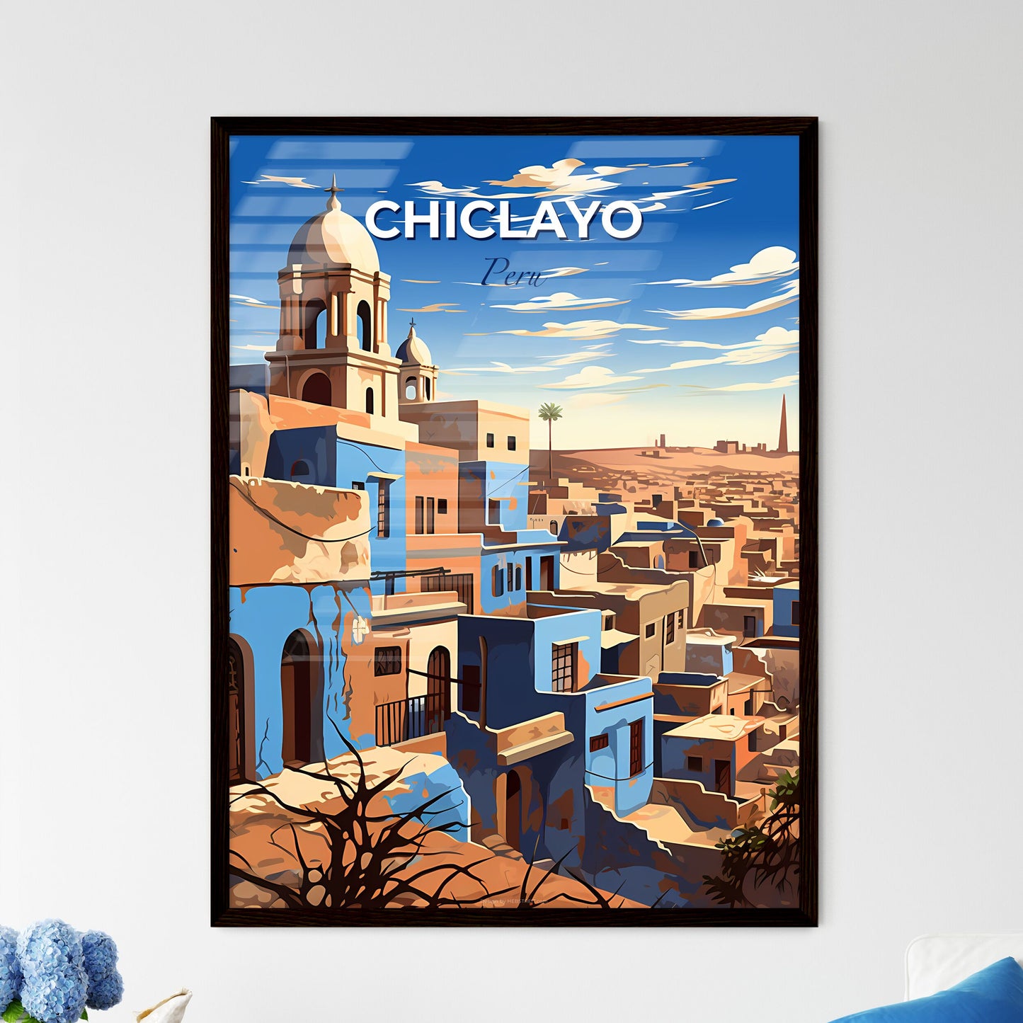 Artistic Skyline Painting of Chiclayo Peru - Blue and Brown Buildings with Tower Default Title