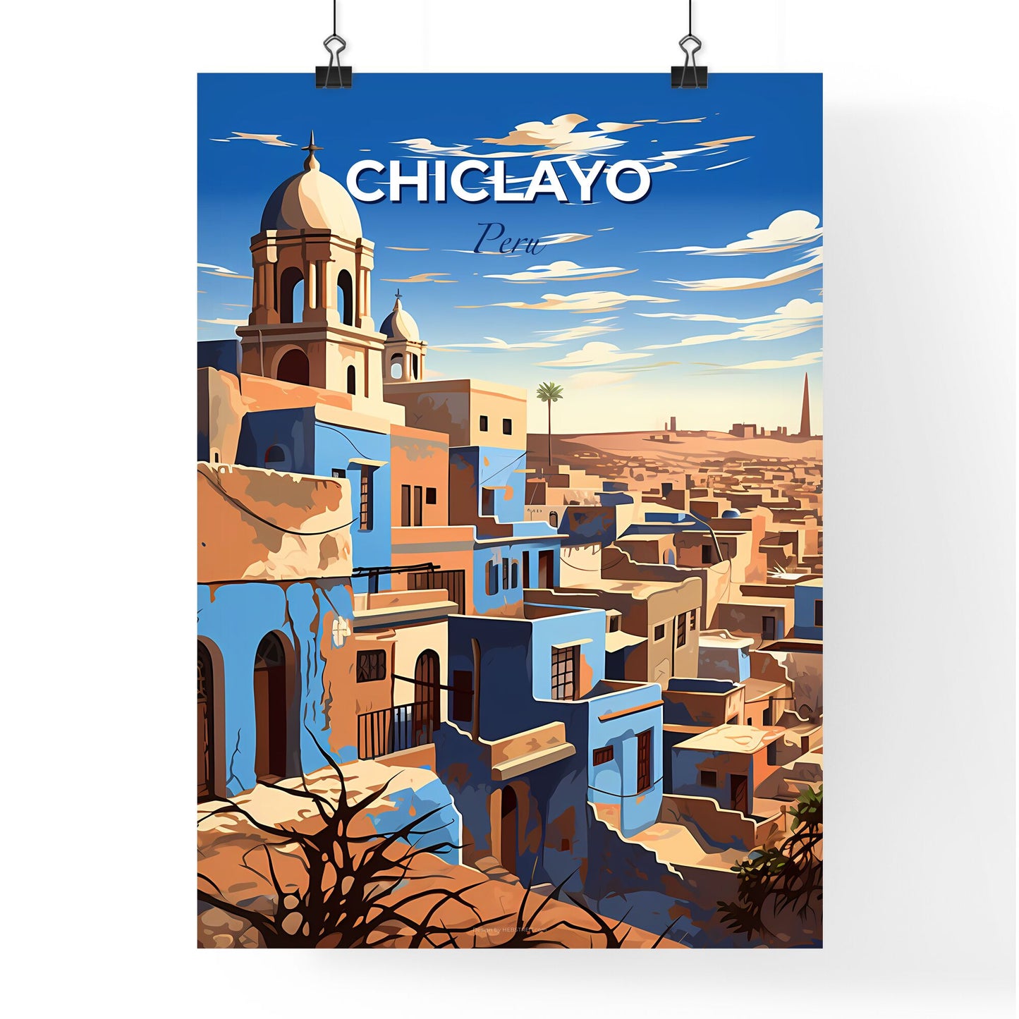 Artistic Skyline Painting of Chiclayo Peru - Blue and Brown Buildings with Tower Default Title