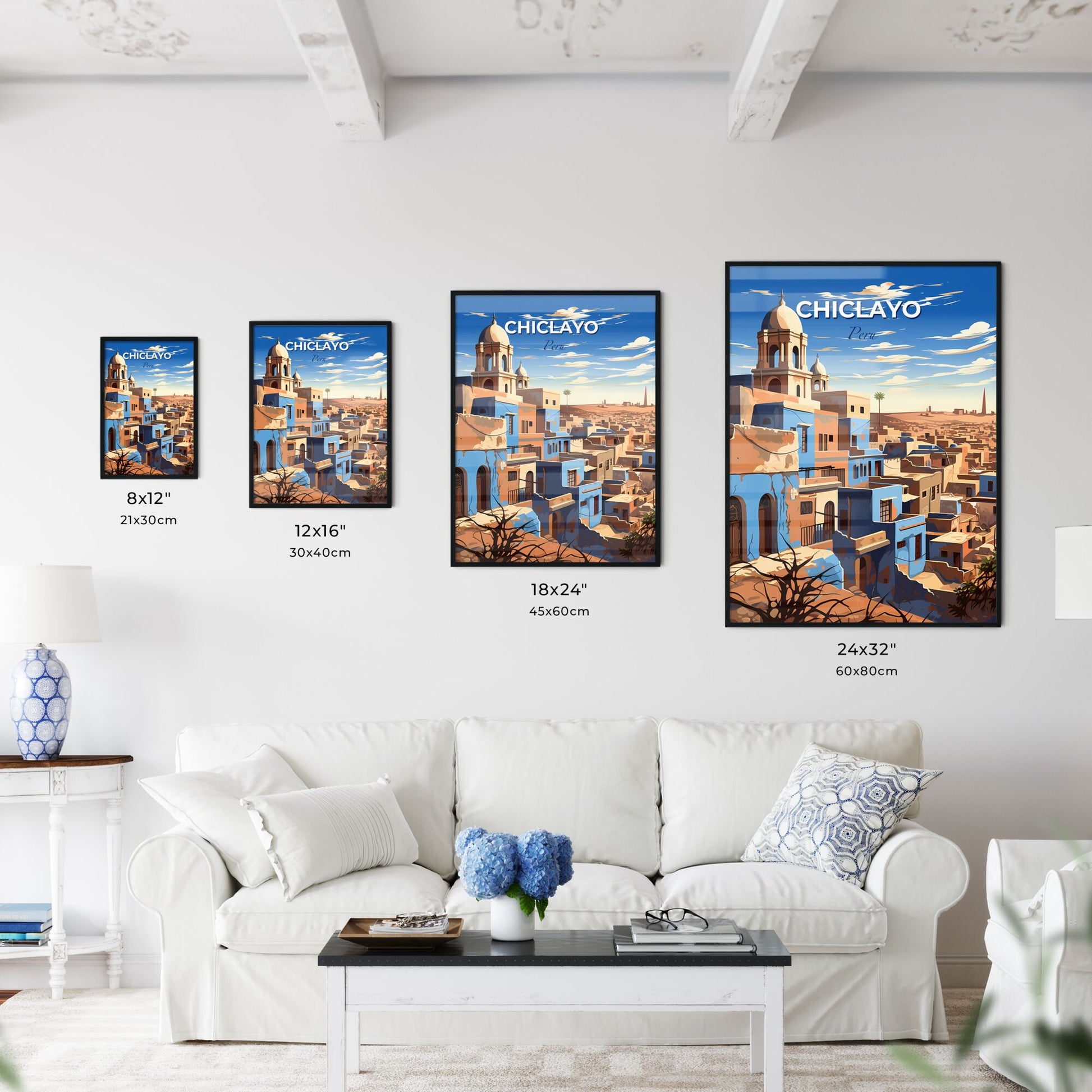 Artistic Skyline Painting of Chiclayo Peru - Blue and Brown Buildings with Tower Default Title