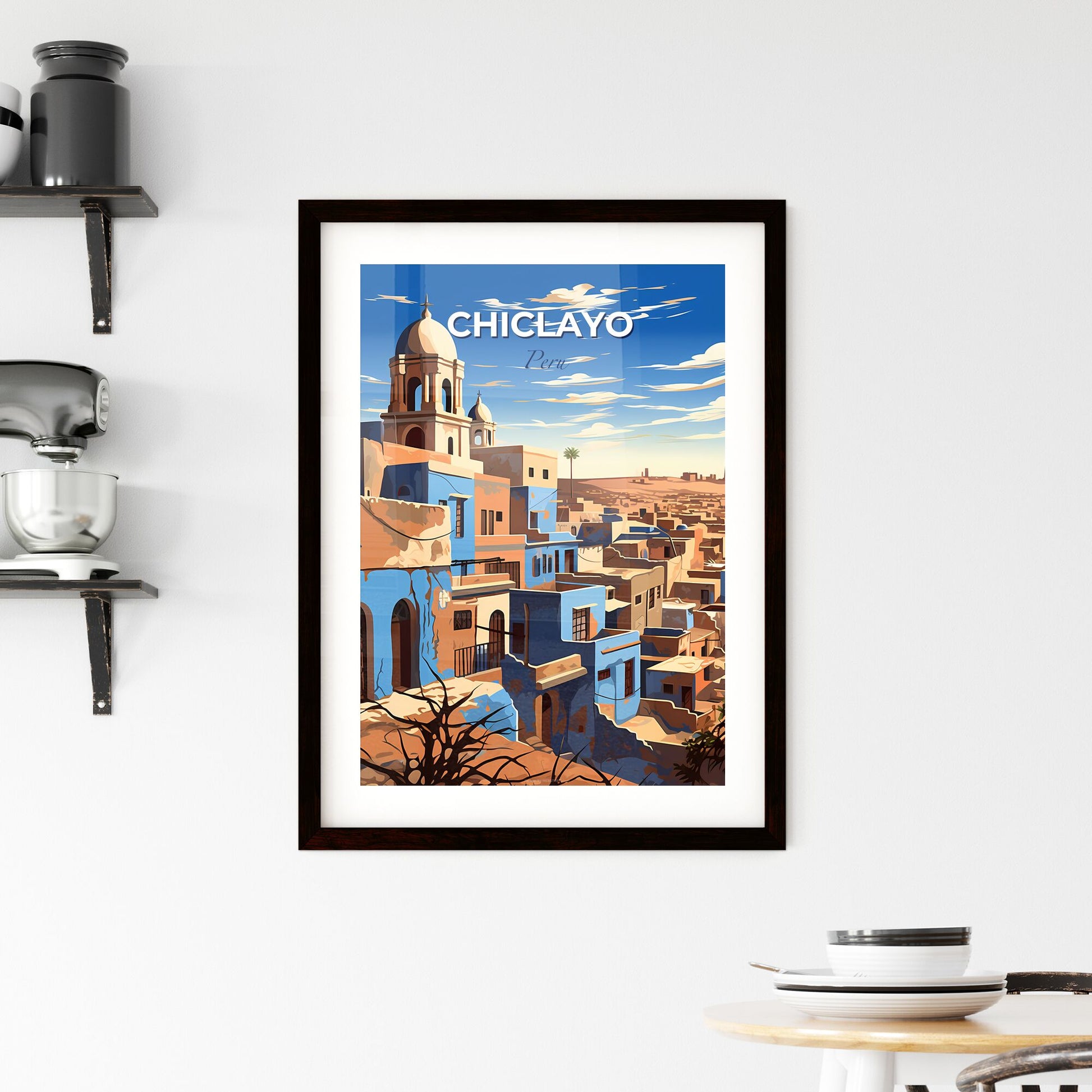 Artistic Skyline Painting of Chiclayo Peru - Blue and Brown Buildings with Tower Default Title