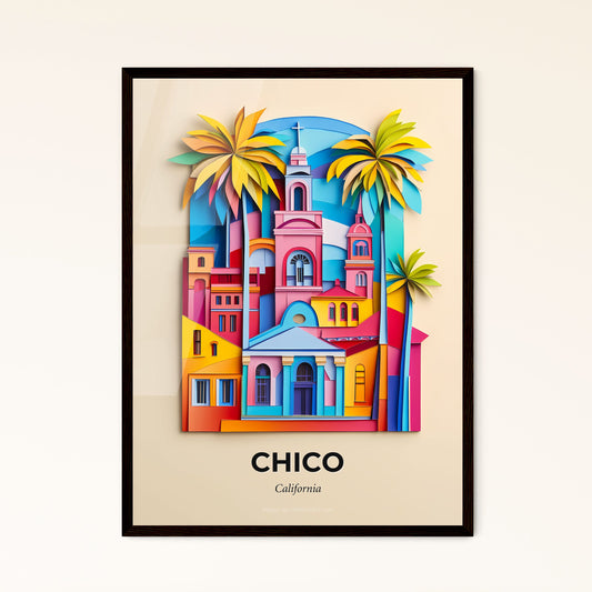 Vivid Chico, California - a colorful city with palm trees and a clock tower