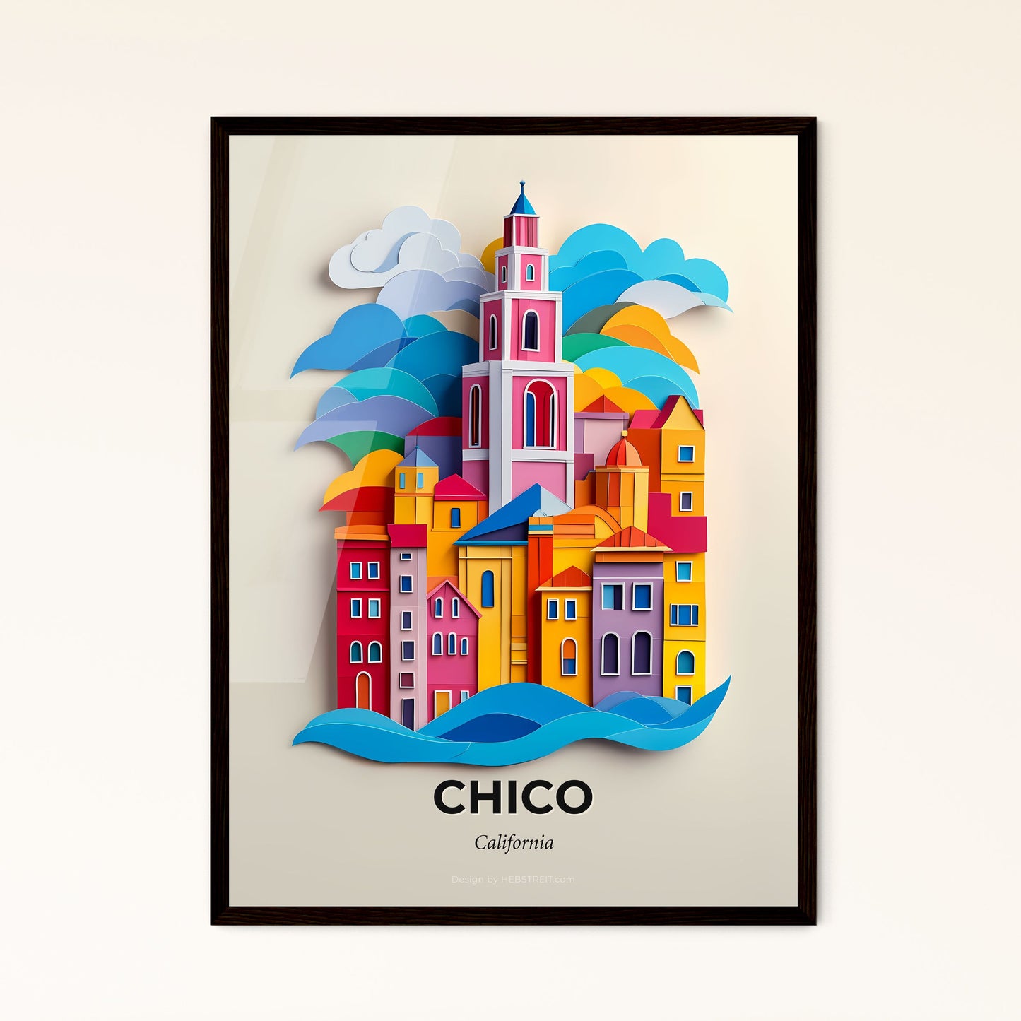 Vivid Chico, California - a paper cut of a city with a clock tower