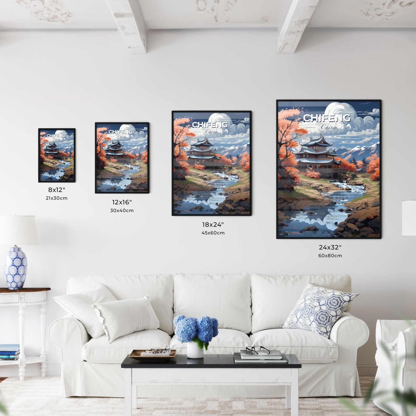 Vibrant Skyline Art: City Painting of Chifeng, China, River in Foreground, Architectural Artwork Default Title