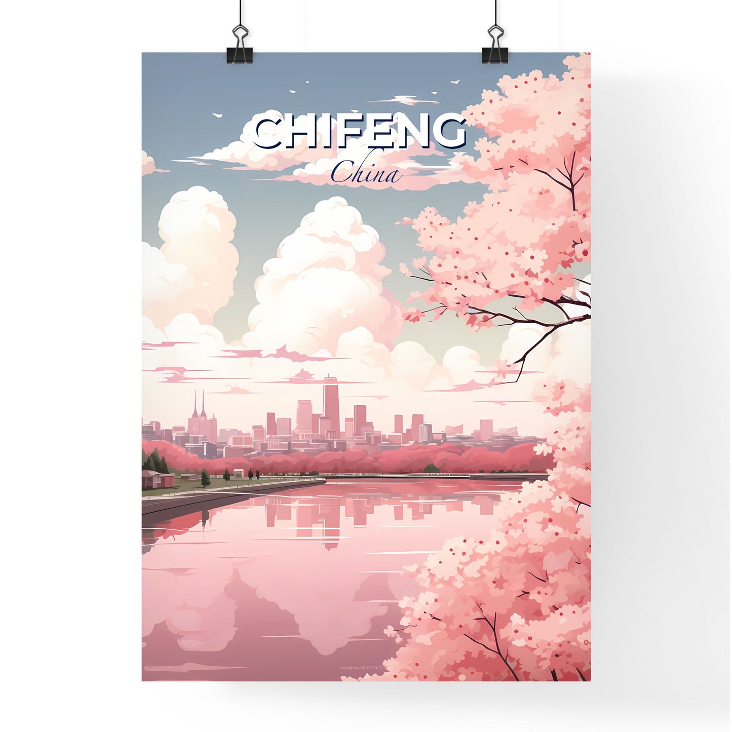 Vibrant Pink Tree in Chifeng China Cityscape Watercolor Artistic Skyline Default Title