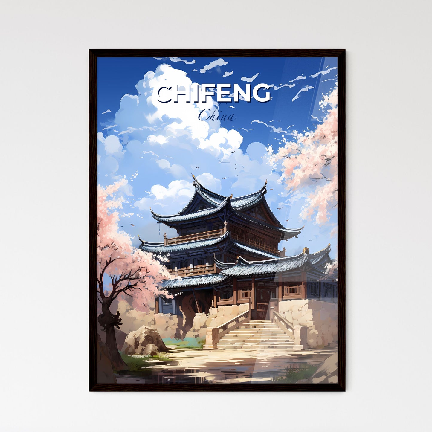 Expressive Artistic Depiction of Chifeng City Skyline with Tower and Blossoms Default Title