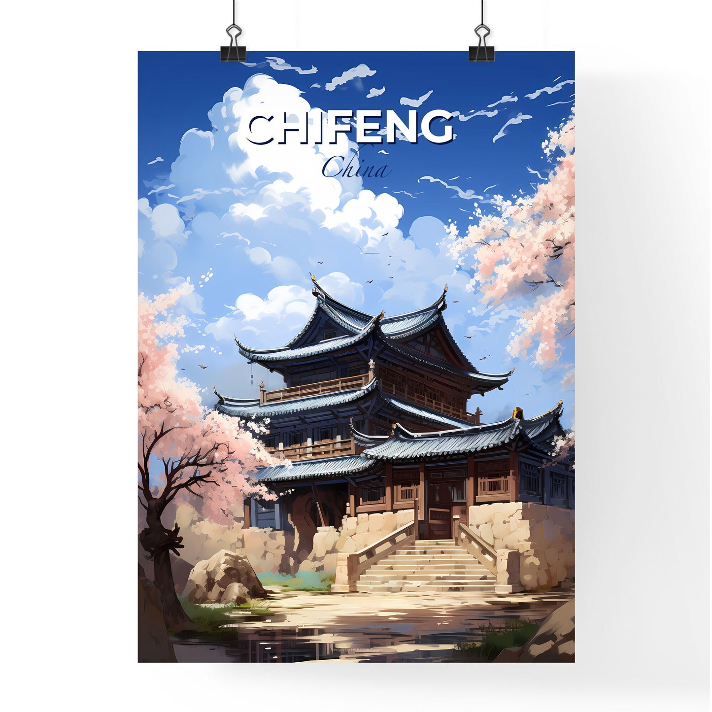 Expressive Artistic Depiction of Chifeng City Skyline with Tower and Blossoms Default Title