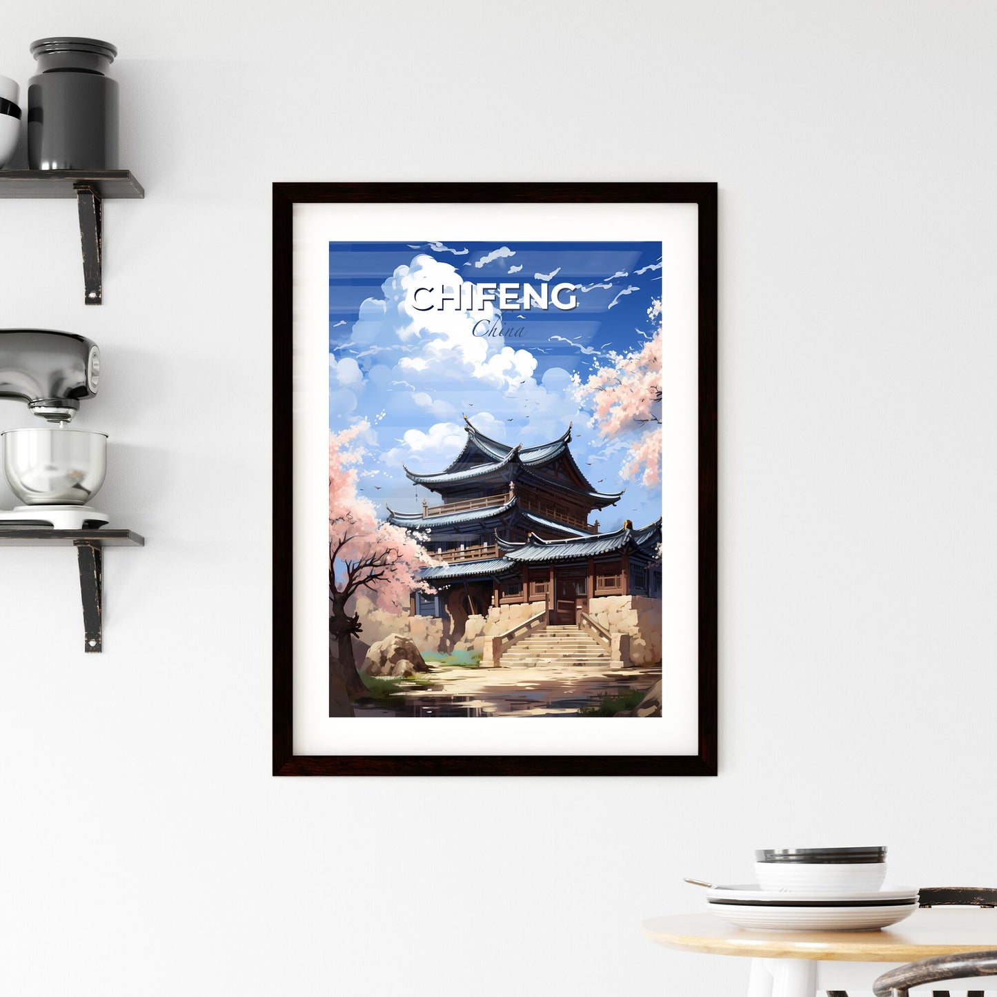 Expressive Artistic Depiction of Chifeng City Skyline with Tower and Blossoms Default Title