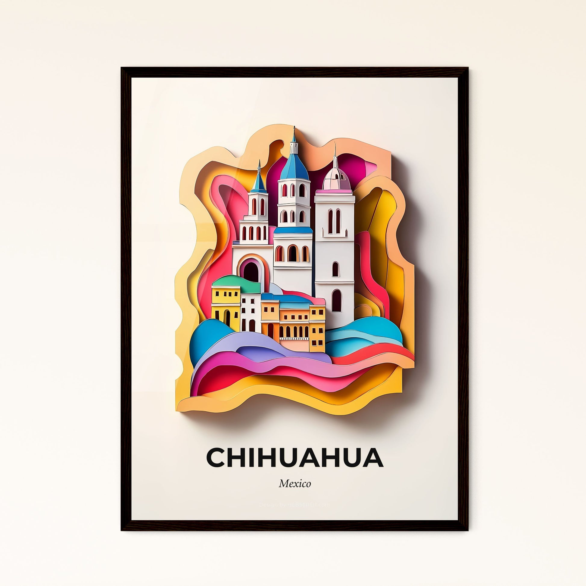 Vivid Chihuahua, Mexico - a paper cut of a castle with a rainbow background