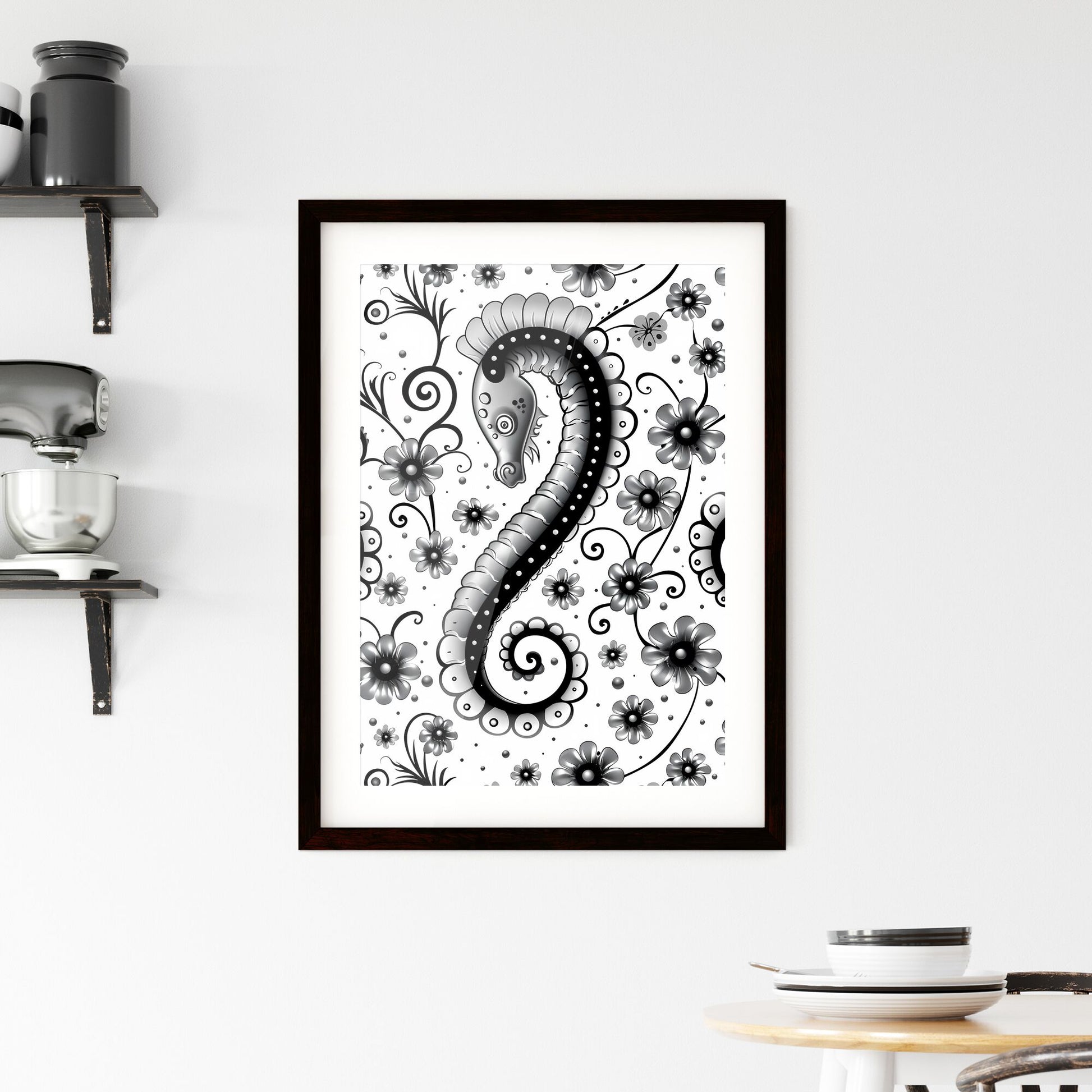 Whimsical Black and White Kid-Themed Art Painting Background with Flowers and Seahorse Default Title