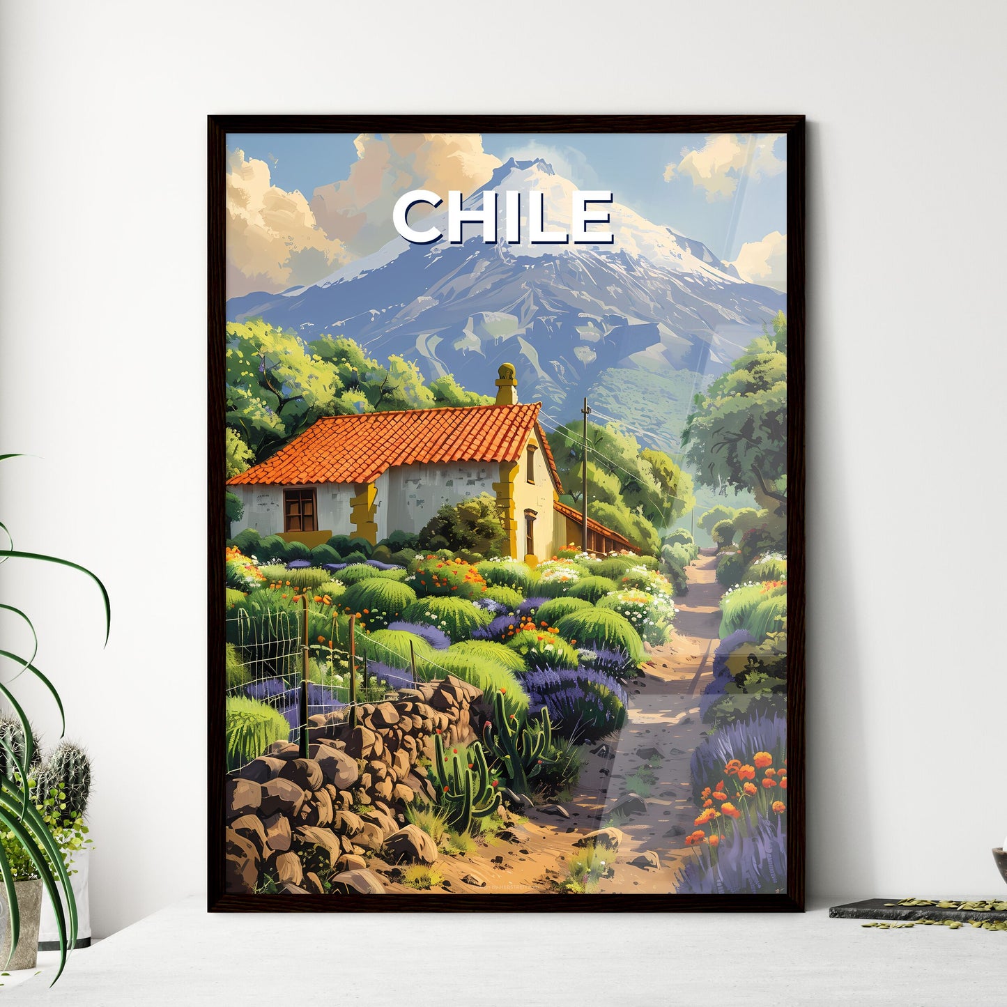 Vibrant Painting of a House with Garden and Mountain, Chile, South America, Focus on Art