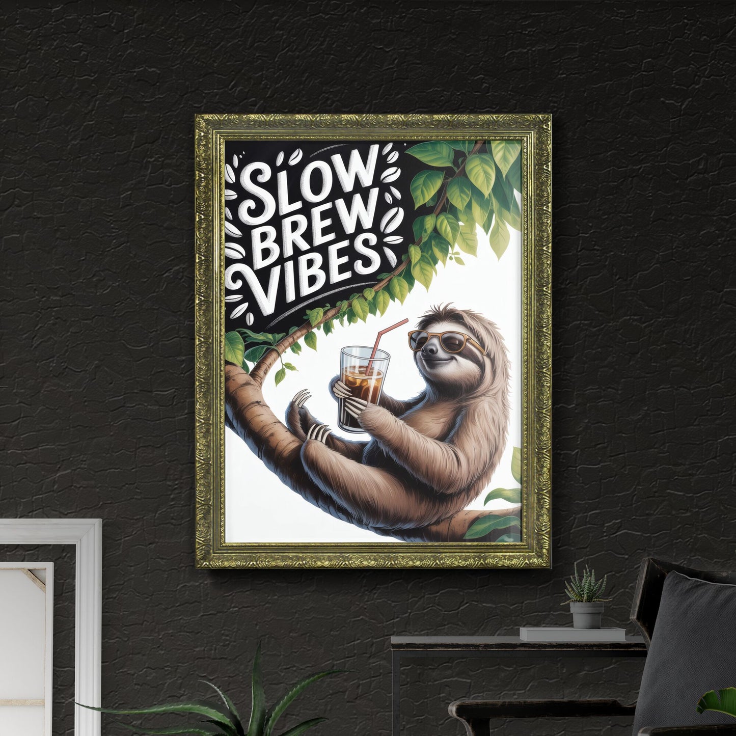 Chill Sloth Enjoying Iced Coffee in Tropical Setting with Fun Typography for Relaxed Vibes