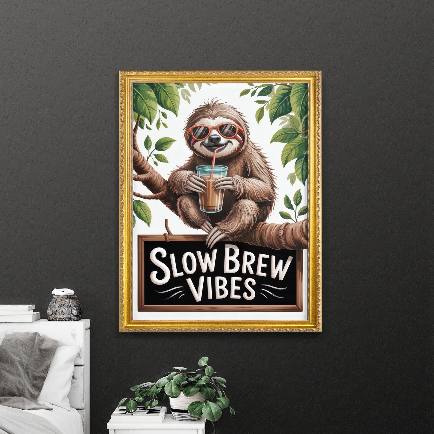Chill Sloth Enjoying Refreshing Beverage in Tropical Setting with Playful 'Slow Brew Vibes' Sign.