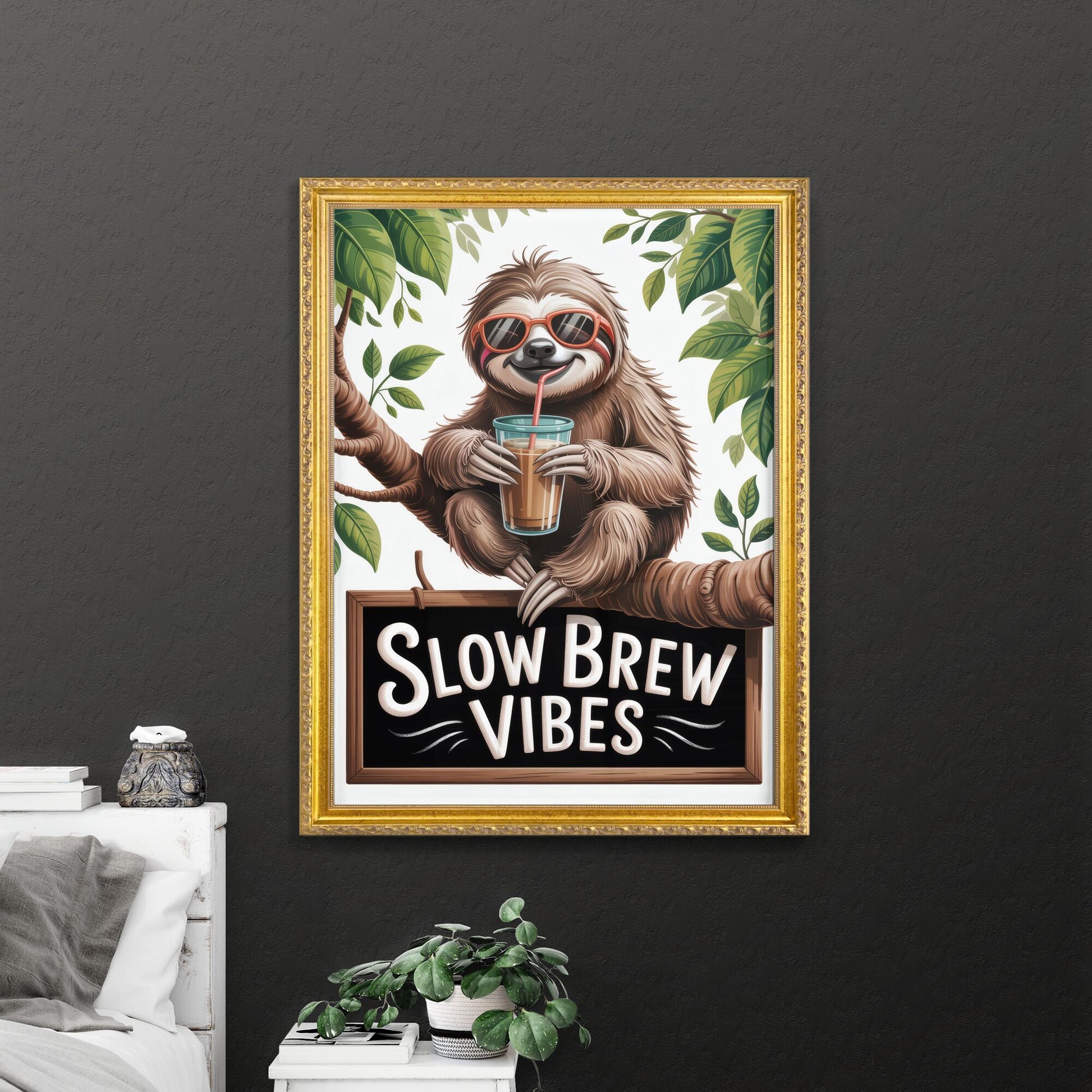 Chill Sloth Enjoying Refreshing Beverage in Tropical Setting with Playful 'Slow Brew Vibes' Sign.