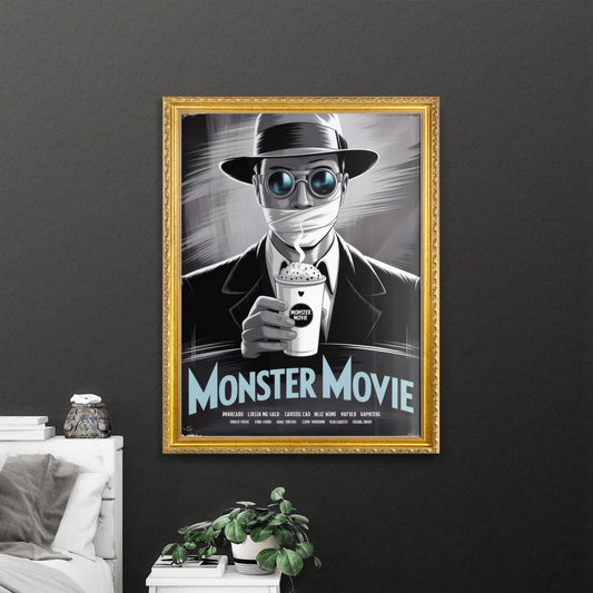 Chilling Vintage Cinema Poster Featuring a Mysterious Figure with a Drink for a Monster Movie Experience.