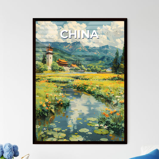 Vibrant Chinese Painting: Flowers by the River with Building Backdrop