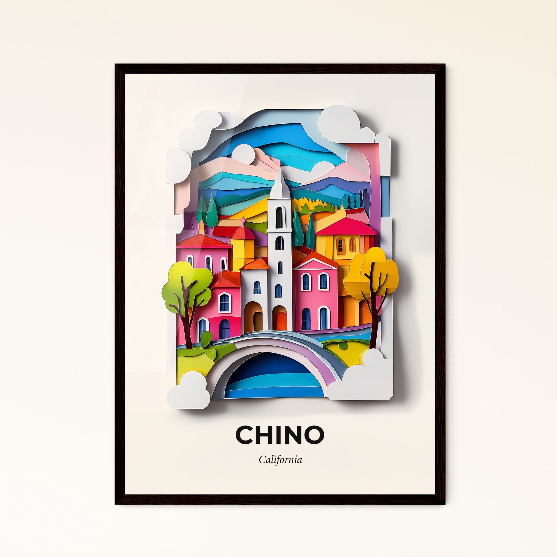 Vivid Chino, California - a paper cut of a city with a bridge