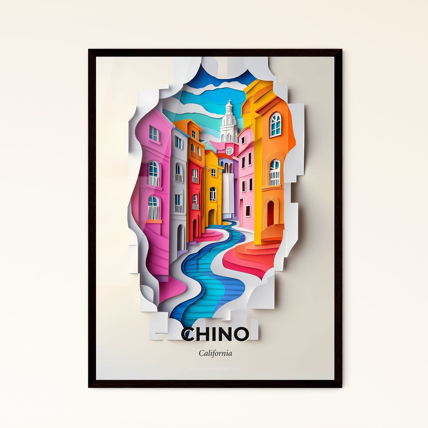 Vivid Chino, California - a paper cut of a city with a river