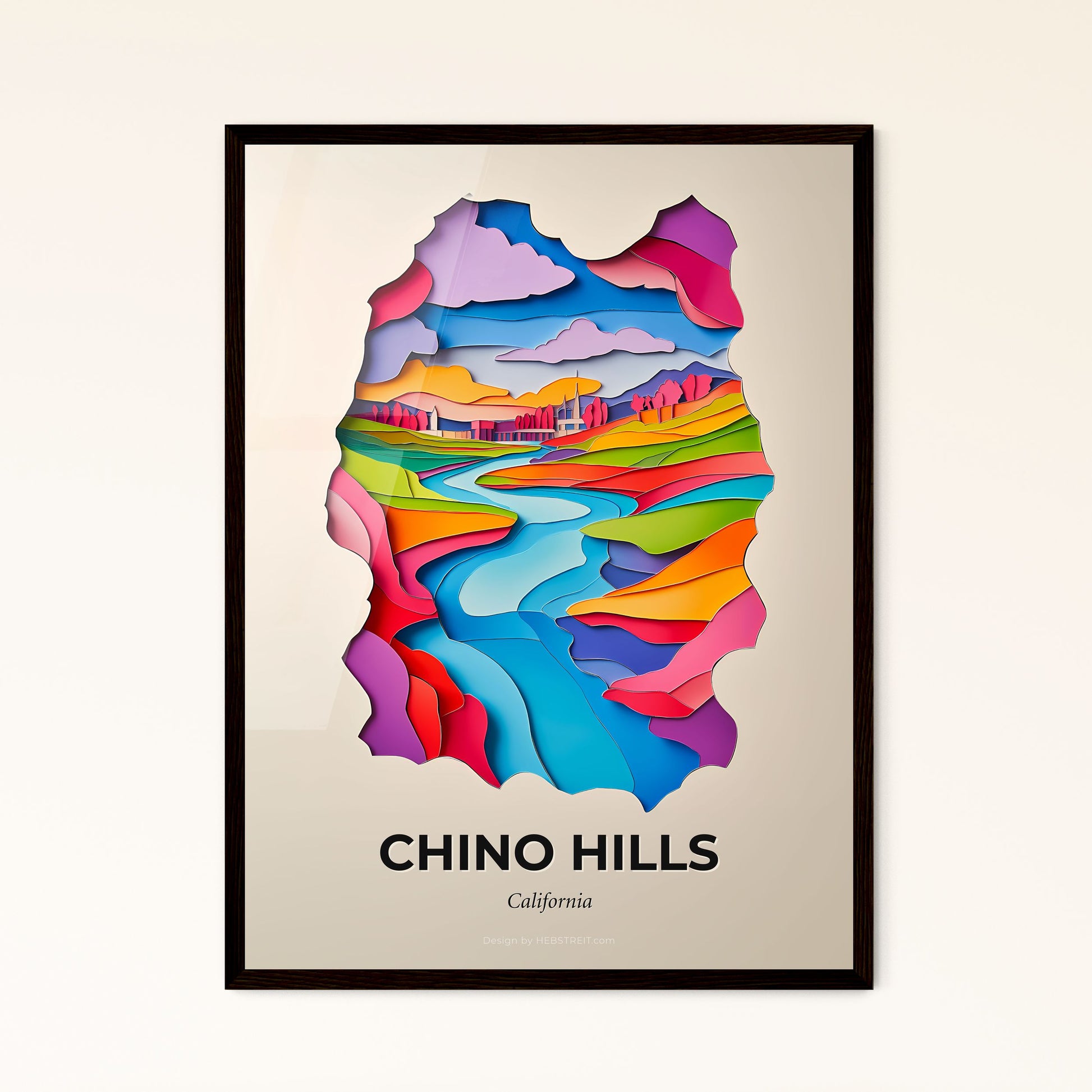 Vivid Chino Hills, California - a colorful paper cut of a river and a city