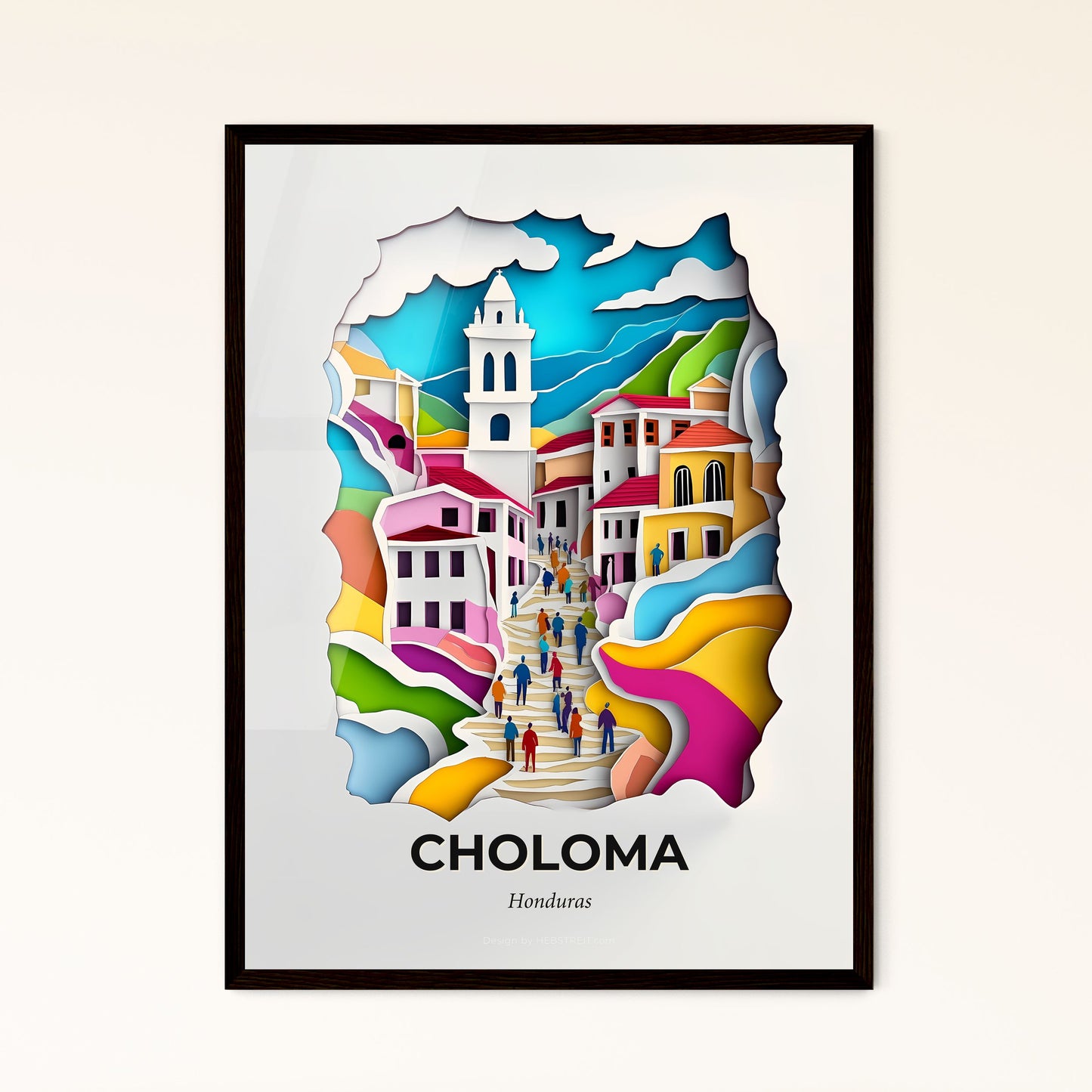 Vivid Choloma, Honduras - a paper cut of a city with people walking down the stairs