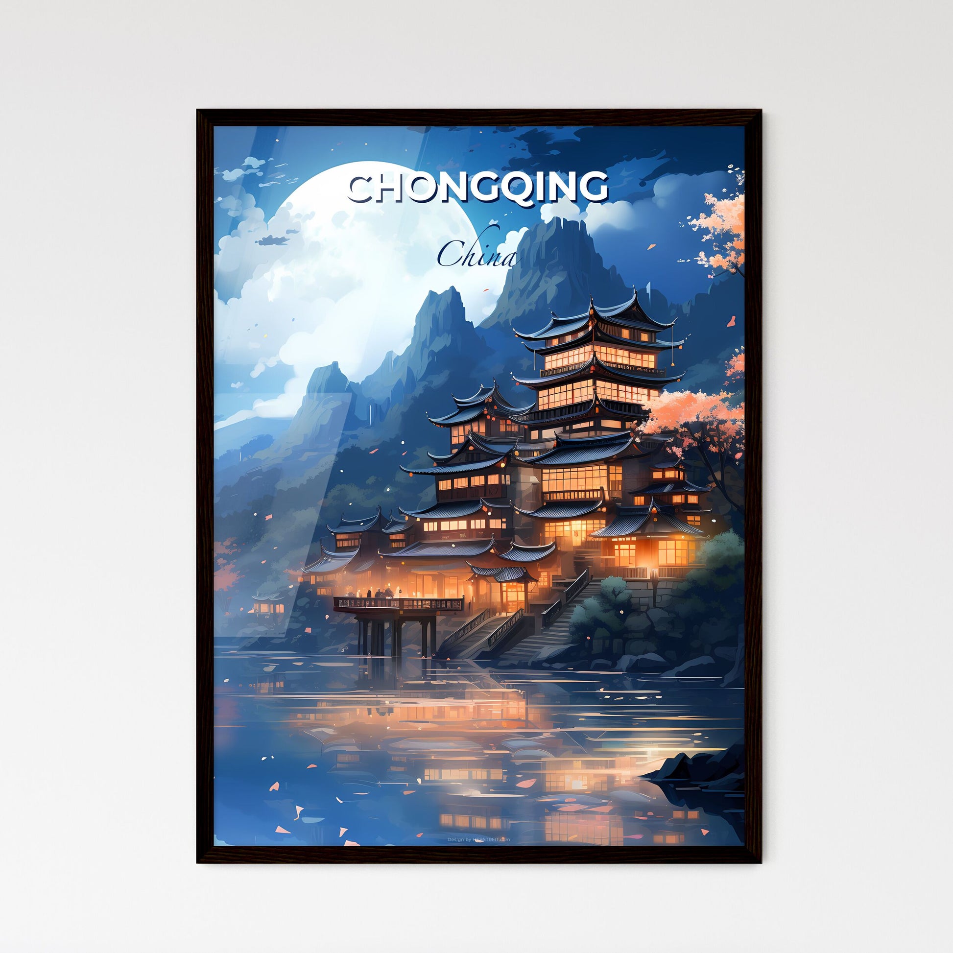 Vibrant Chongqing Skyline Painting: City Lights Reflecting on Water Default Title