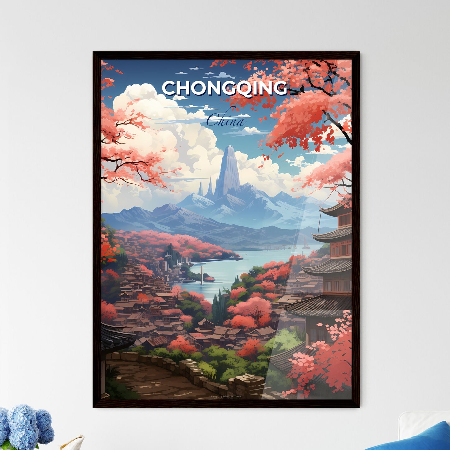 Chongqing China Skyline Art Painting Landscape Town River Mountains Vibrant Colorful Default Title