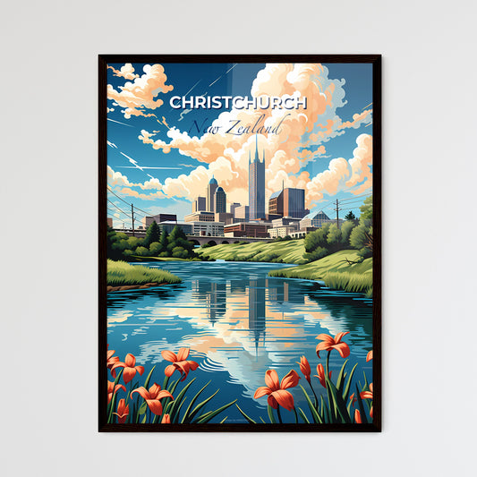Vibrant Cityscape Painting: Christchurch Skyline with River and Flowers Default Title