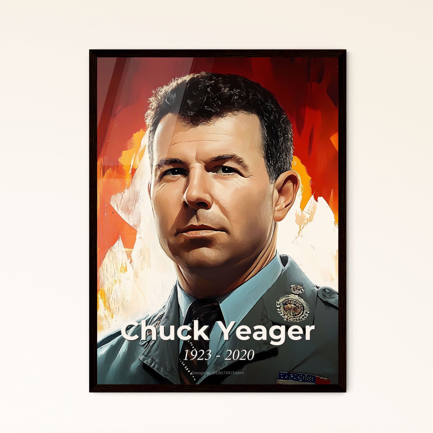 Portrait of Chuck Yeager, 1923 - 2020. Impressionistic painting of a man in a uniform.