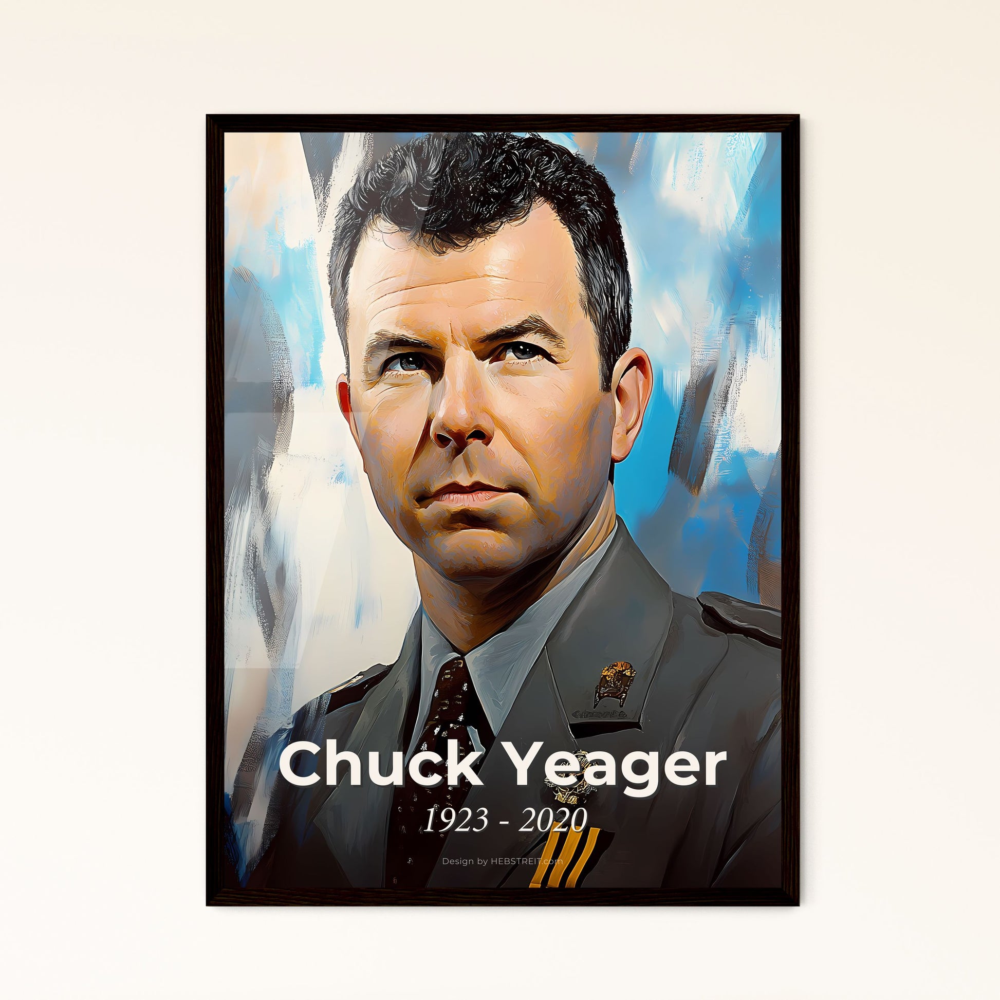 Portrait of Chuck Yeager, 1923 - 2020. Impressionistic painting of a man in a military uniform.