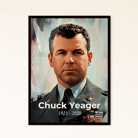 Portrait of Chuck Yeager, 1923 - 2020. Impressionistic painting of a man in a military uniform.